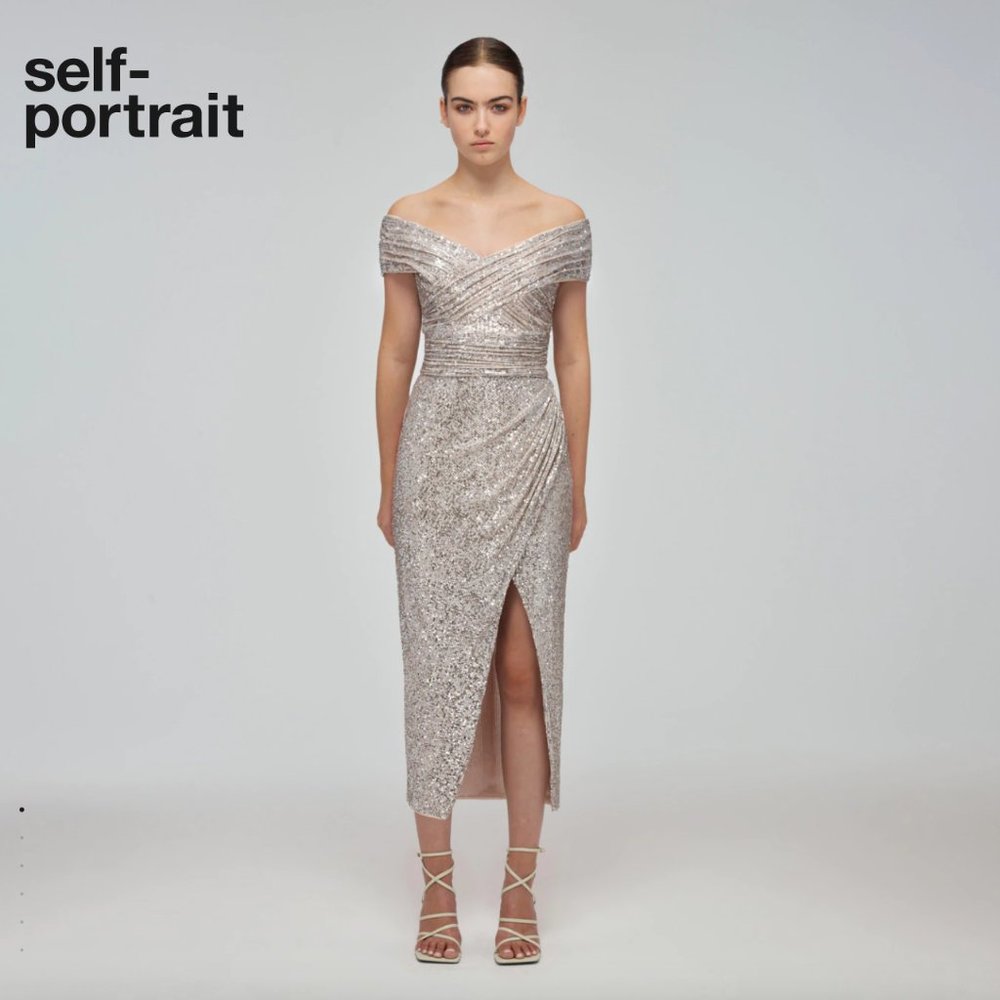 BNWT Self Portrait Sequin Off-Shoulder Wrap Midi Dress